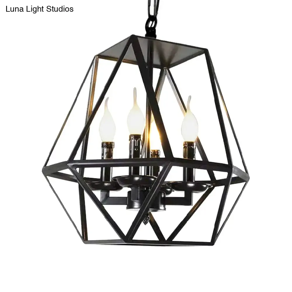 Black Industrial Metal Ceiling Light Fixture with Adjustable Chain - Retro Geometric Cage Chandelier Lamp