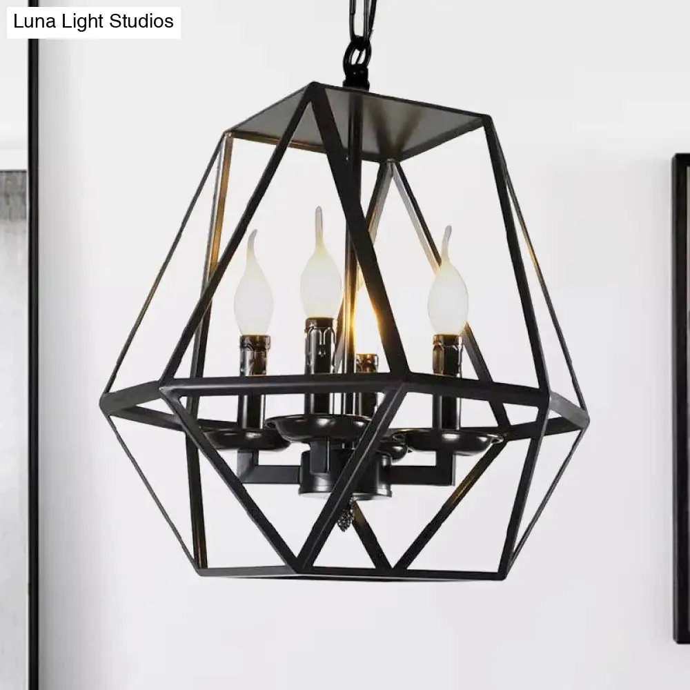 Black Industrial Metal Ceiling Light Fixture with Adjustable Chain - Retro Geometric Cage Chandelier Lamp