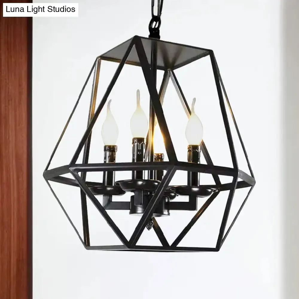 Black Industrial Metal Ceiling Light Fixture with Adjustable Chain - Retro Geometric Cage Chandelier Lamp