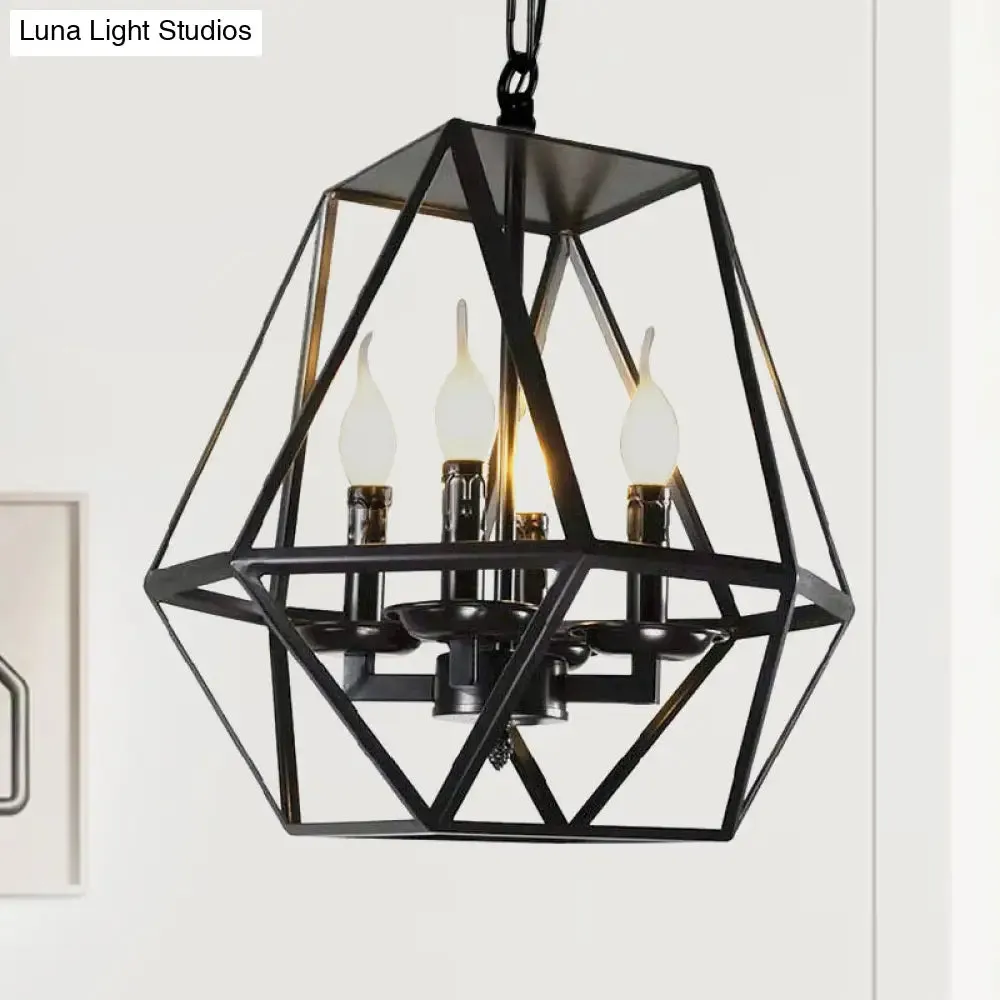 Black Industrial Metal Ceiling Light Fixture with Adjustable Chain - Retro Geometric Cage Chandelier Lamp