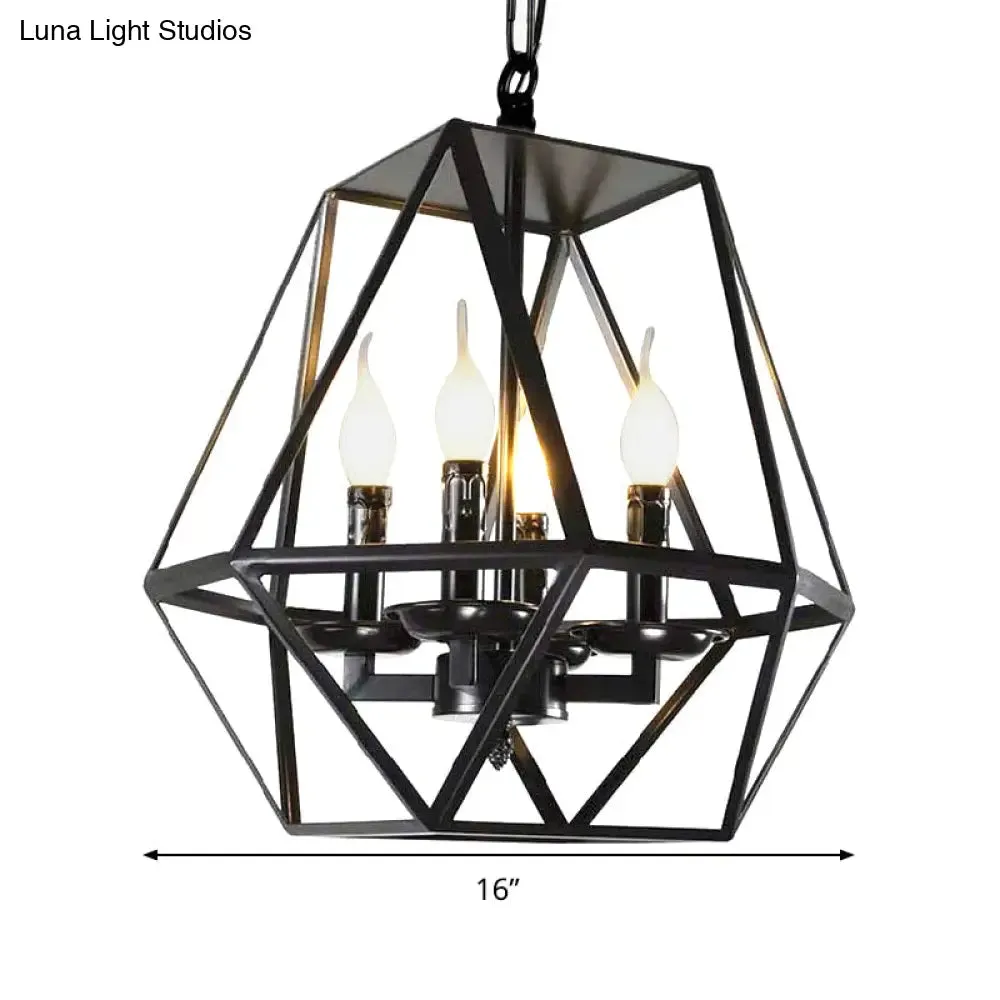 Black Industrial Metal Ceiling Light Fixture with Adjustable Chain - Retro Geometric Cage Chandelier Lamp