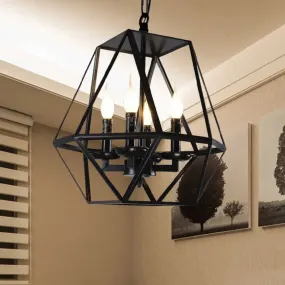 Black Industrial Metal Ceiling Light Fixture with Adjustable Chain - Retro Geometric Cage Chandelier Lamp