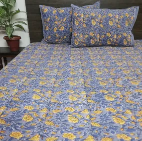 Blue and Yellow Floral Print Blockprint Bedsheet