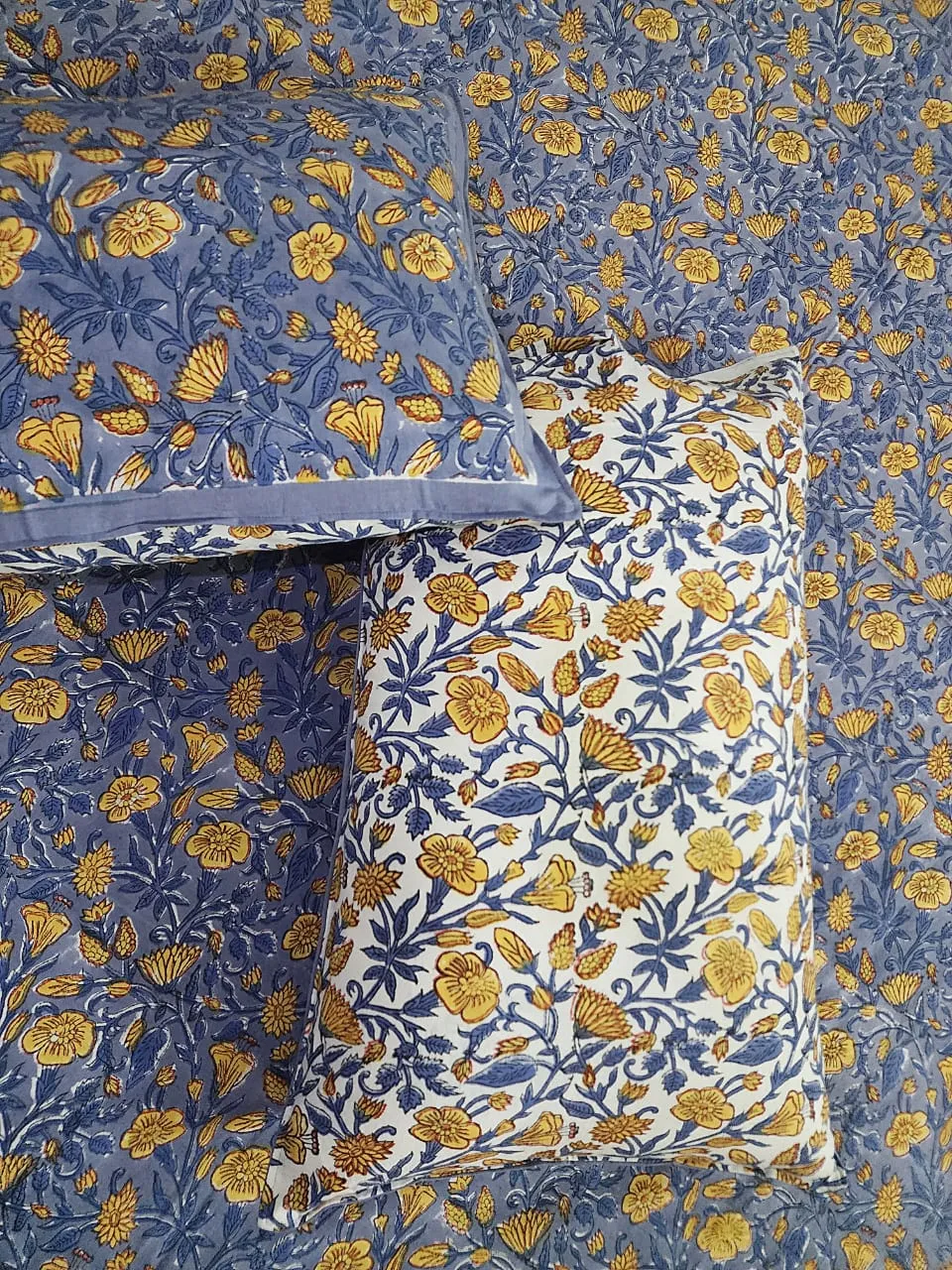 Blue and Yellow Floral Print Blockprint Bedsheet