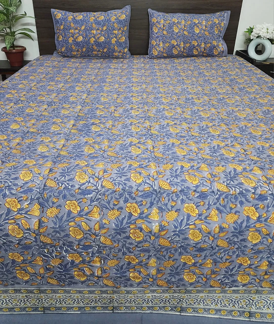 Blue and Yellow Floral Print Blockprint Bedsheet