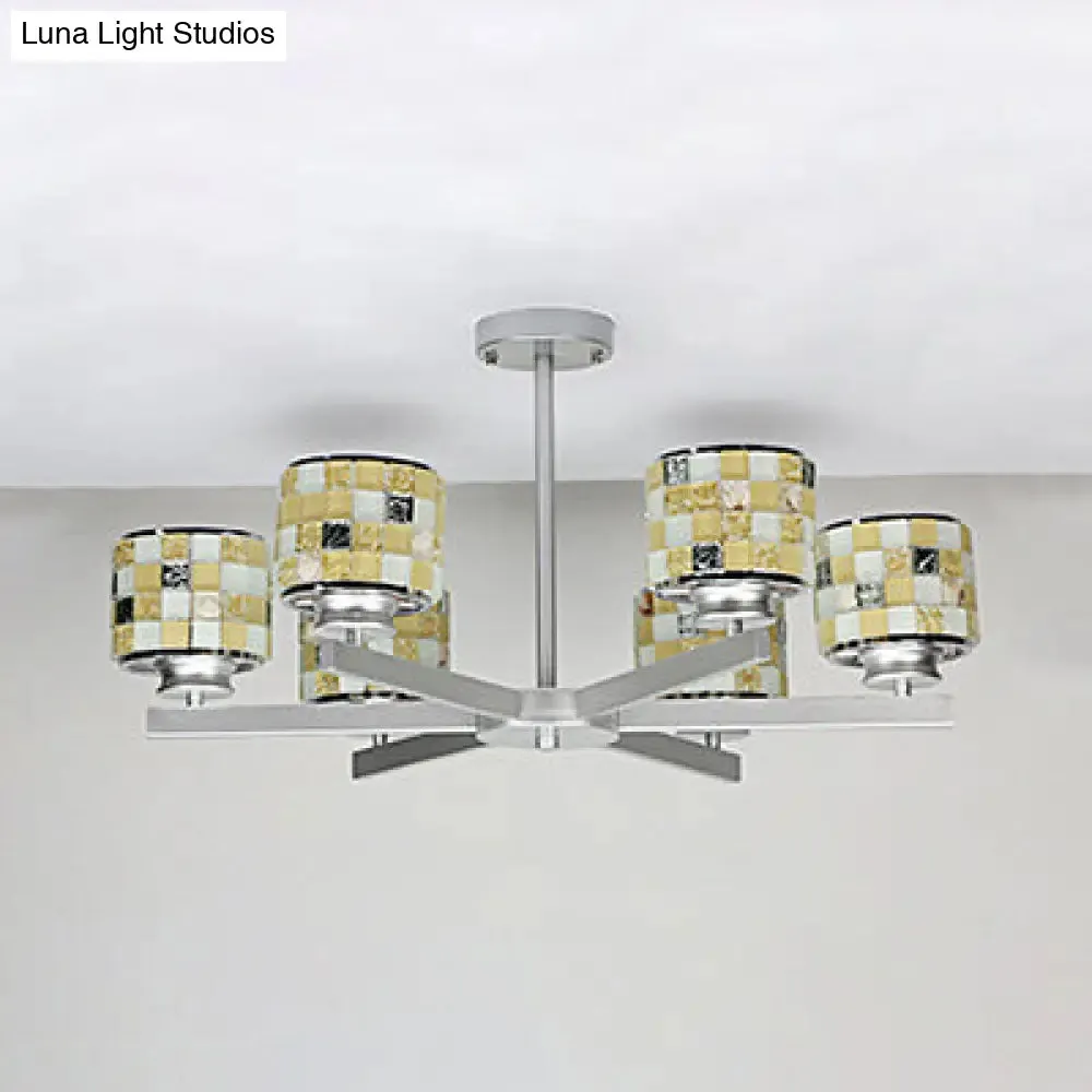 Blue/Yellow Glass Mosaic Ceiling Light with Chrome Finish - Modern 6-Light Hanging Chandelier