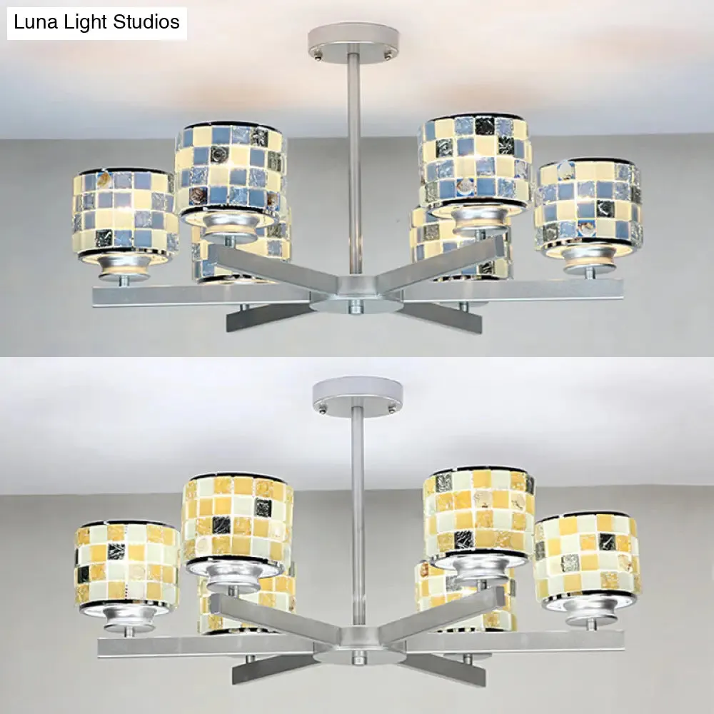 Blue/Yellow Glass Mosaic Ceiling Light with Chrome Finish - Modern 6-Light Hanging Chandelier