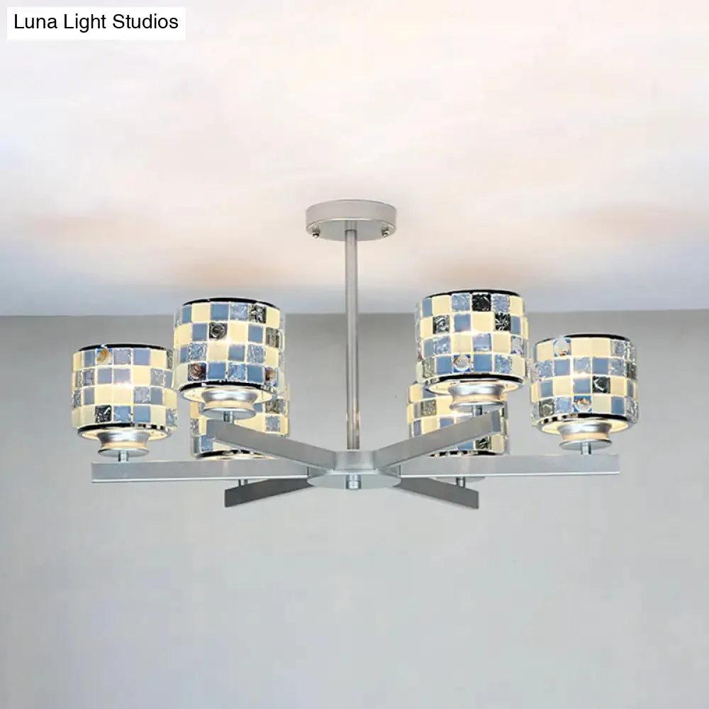 Blue/Yellow Glass Mosaic Ceiling Light with Chrome Finish - Modern 6-Light Hanging Chandelier