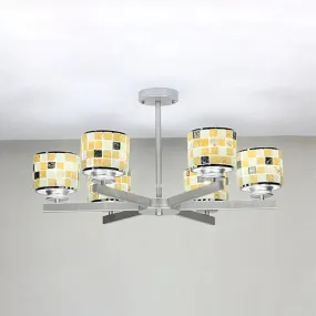 Blue/Yellow Glass Mosaic Ceiling Light with Chrome Finish - Modern 6-Light Hanging Chandelier