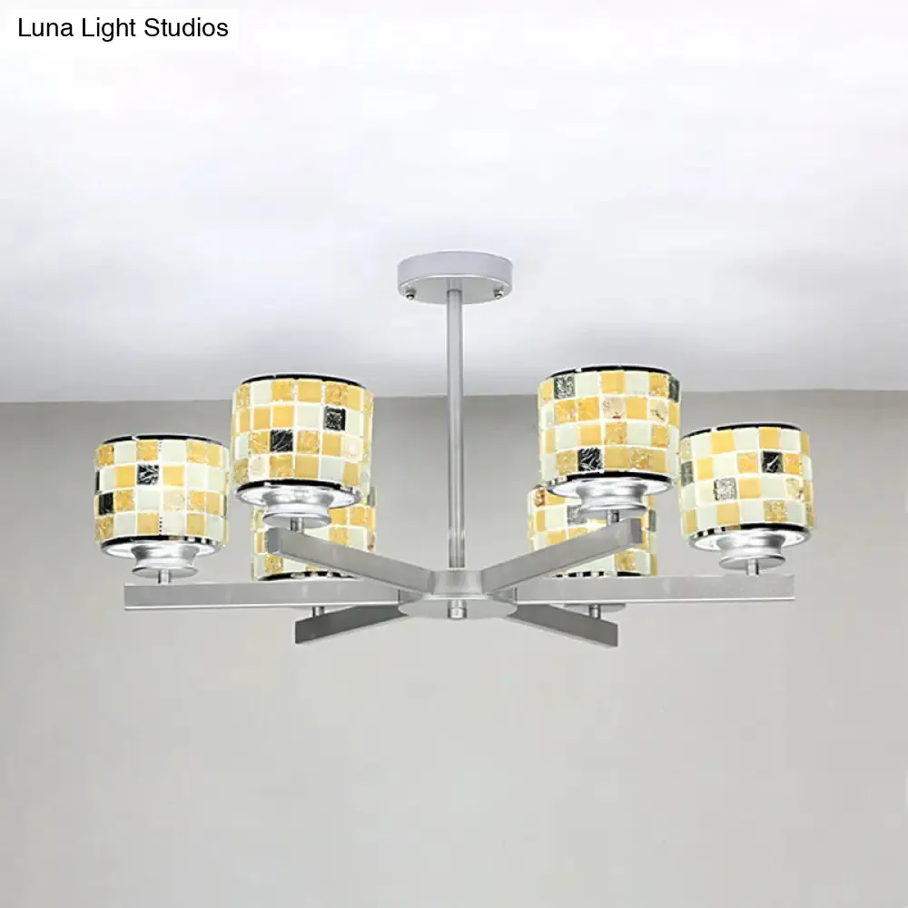 Blue/Yellow Glass Mosaic Ceiling Light with Chrome Finish - Modern 6-Light Hanging Chandelier