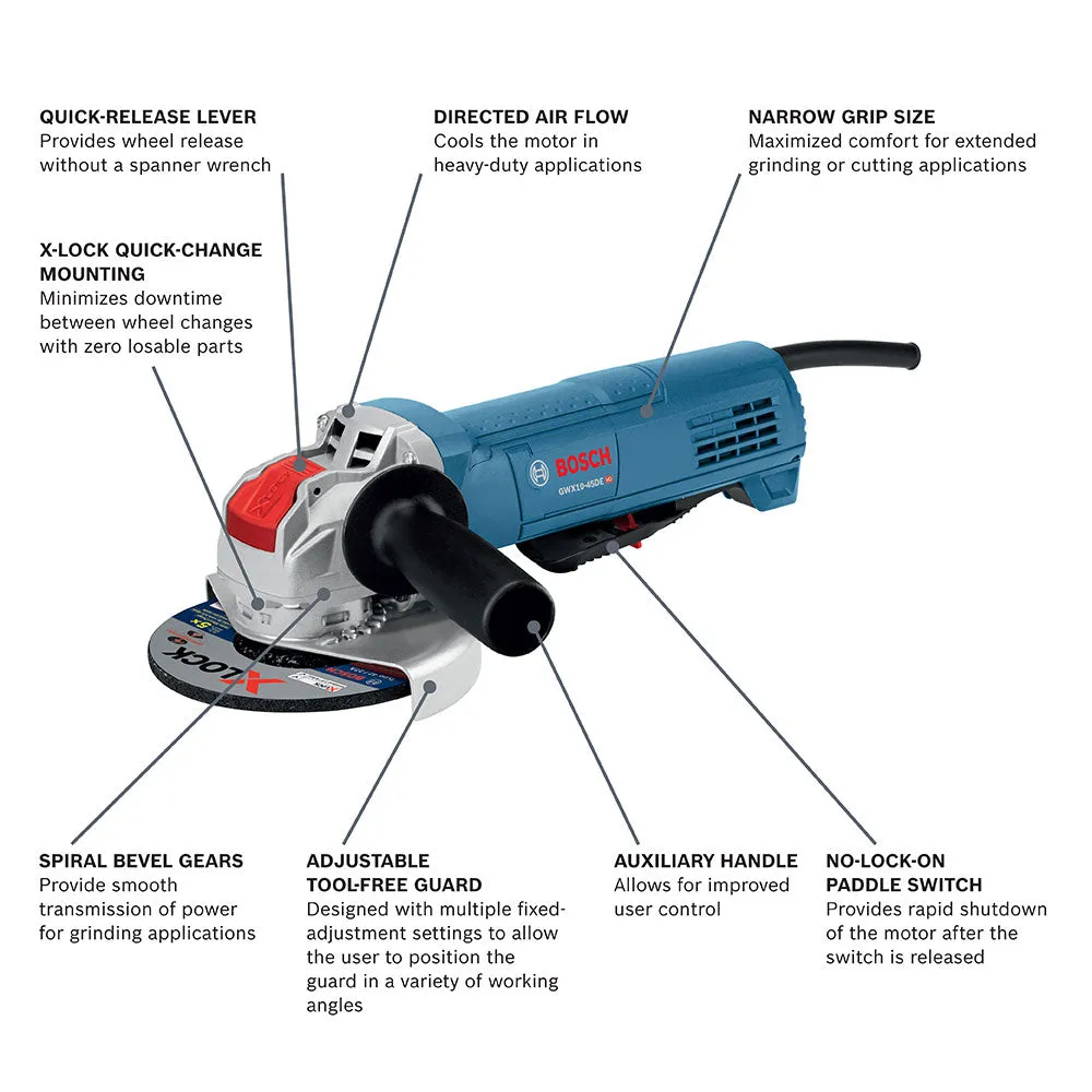 Bosch GWX10-45DE 4-1/2" 10A X-Lock Ergonomic Angle Grinder with No Lock-On Paddle Switch