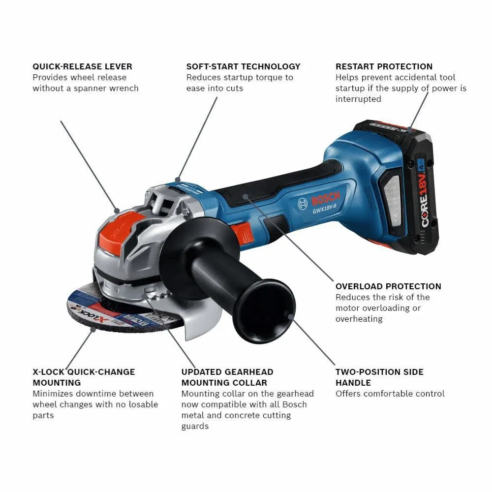 Bosch GWX18V-8B15 18V X-LOCK Brushless 4-1/2 In. Angle Grinder Kit with (1) CORE18V 4 Ah Advanced Power Battery