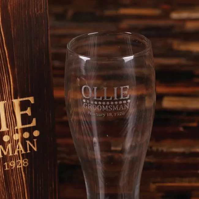 Bottle Opener And Pilsner, Pint Beer Glass With Engraved Wood Box