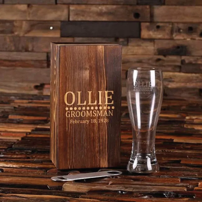 Bottle Opener And Pilsner, Pint Beer Glass With Engraved Wood Box