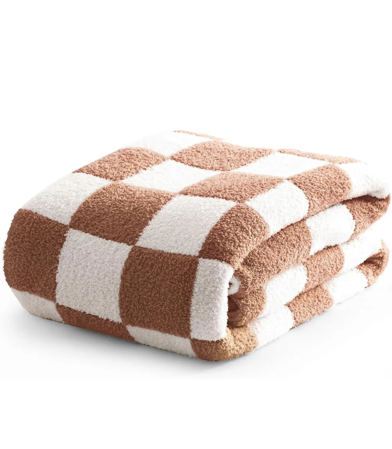 Chenille Caramel and White Checkered Throw Blanket, Ultra Soft Milky Cozy Fuzzy Knitted Throw with Classic Checkerboard Grid Pattern, Suitable for Couch,Sofa,Chair,Bed,Picnic, Camel, 50x60