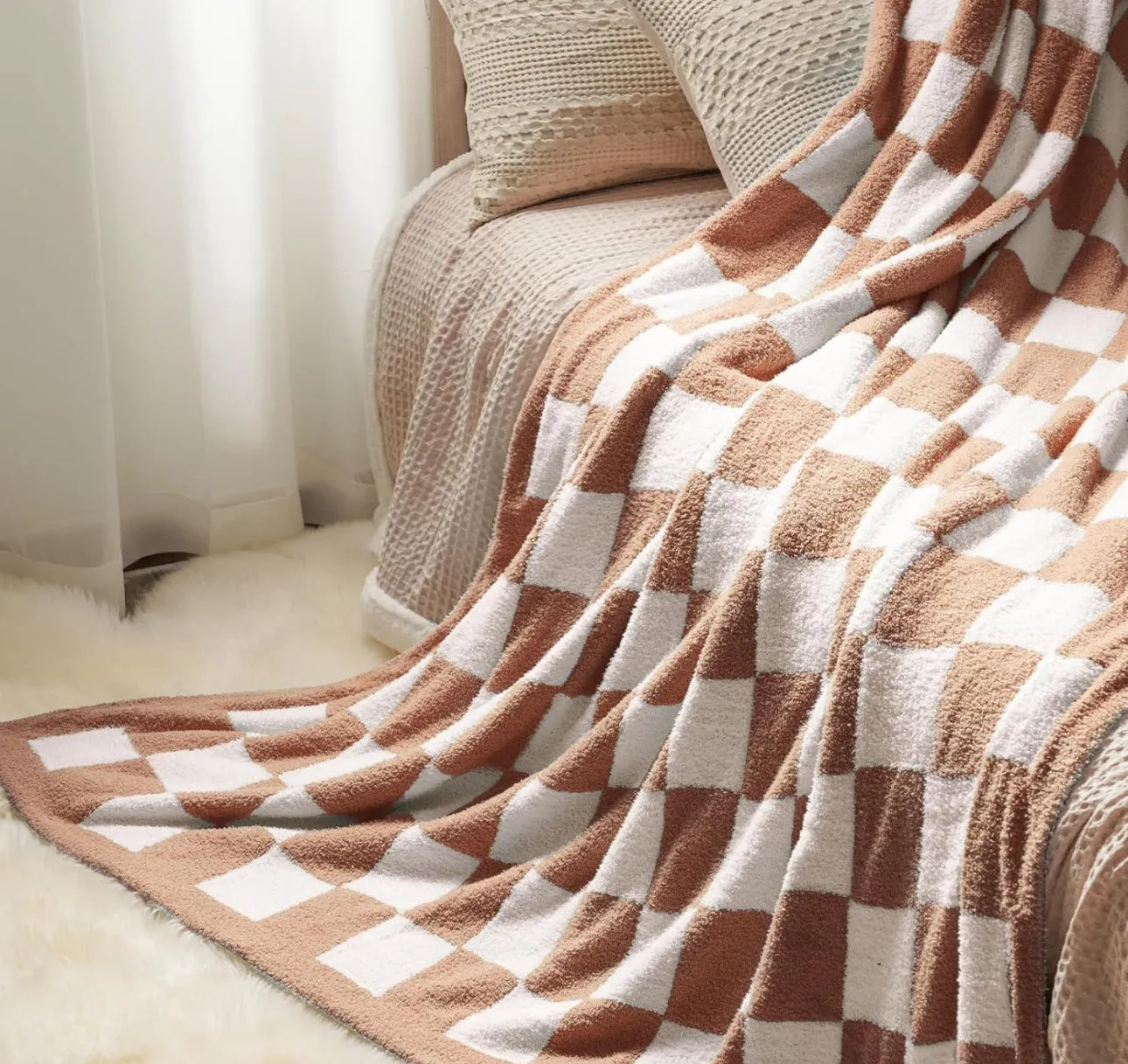 Chenille Caramel and White Checkered Throw Blanket, Ultra Soft Milky Cozy Fuzzy Knitted Throw with Classic Checkerboard Grid Pattern, Suitable for Couch,Sofa,Chair,Bed,Picnic, Camel, 50x60