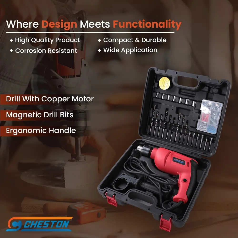 Cheston 13mm Drill Kit 600W Powerful Impact Drill Machine Kit | Screwdriver Kit with 25 Pieces Tool Kit and Accessories | Drill Bits Tape Hammer Screwdriver