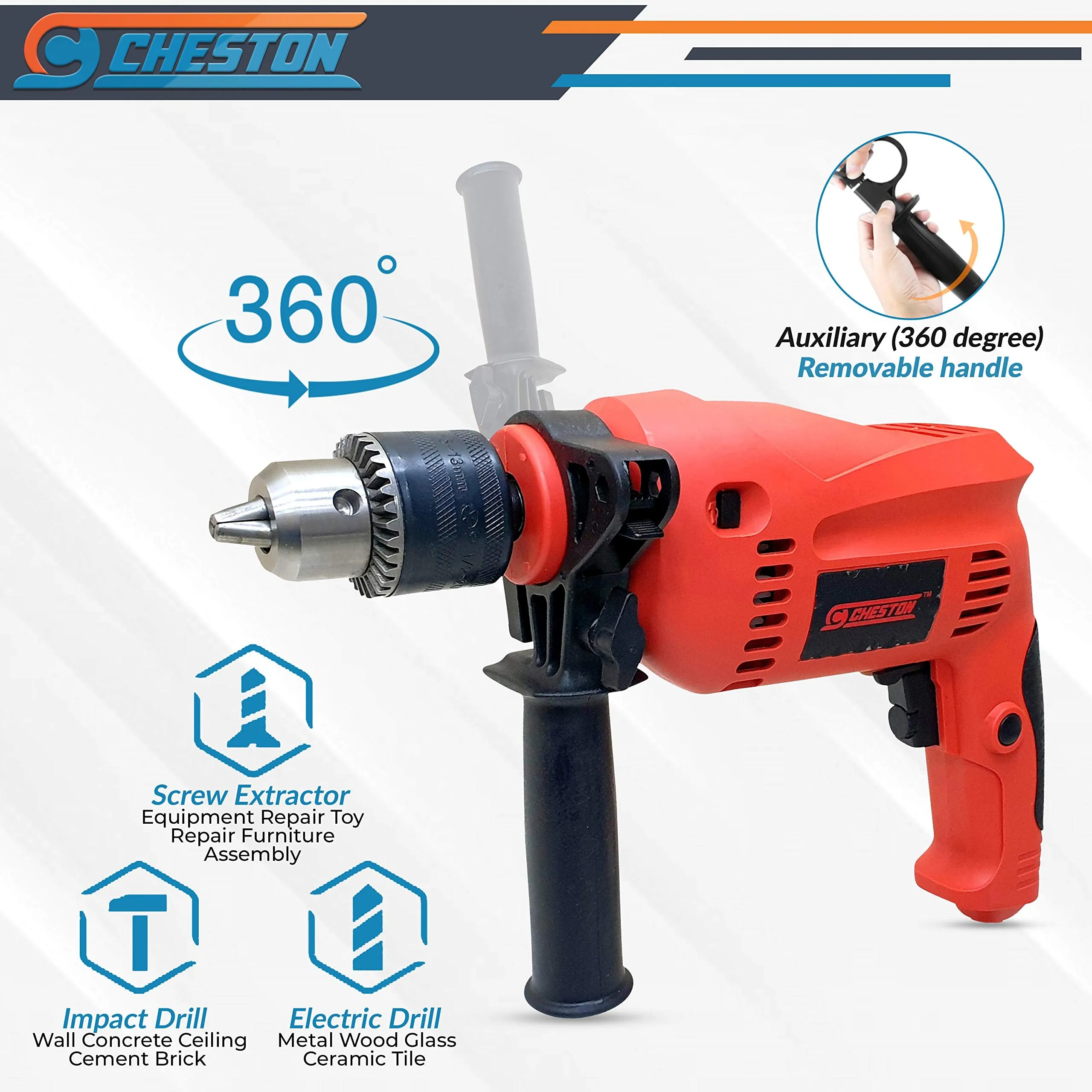 Cheston 13mm Impact Drill Machine Reversible Hammer Driver Variable Speed Screwdriver (Drill with BITS for Drilling) 13HSS & 5pc Wall Bit