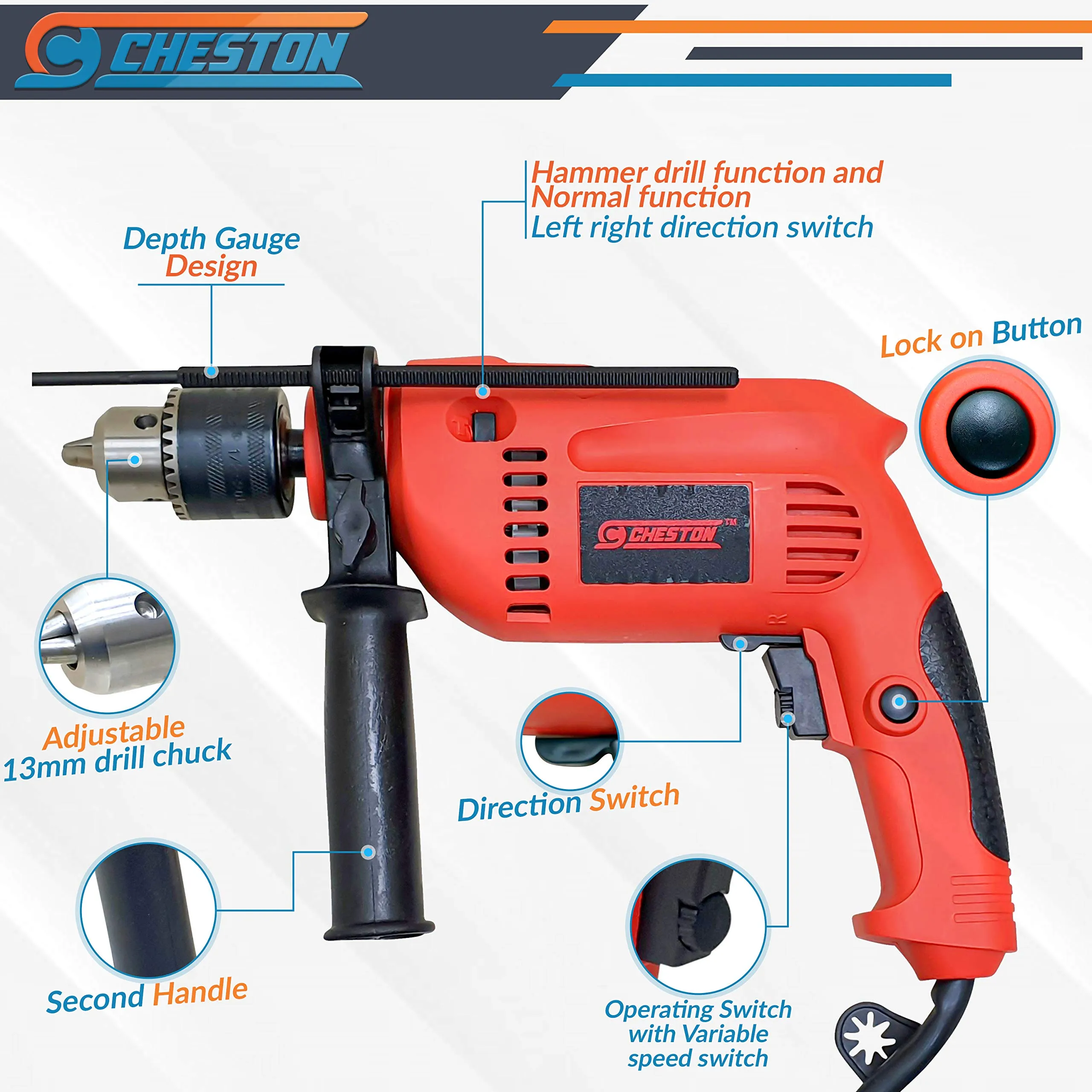 Cheston 13mm Impact Drill Machine Reversible Hammer Driver Variable Speed Screwdriver (Drill with BITS for Drilling) 13HSS & 5pc Wall Bit