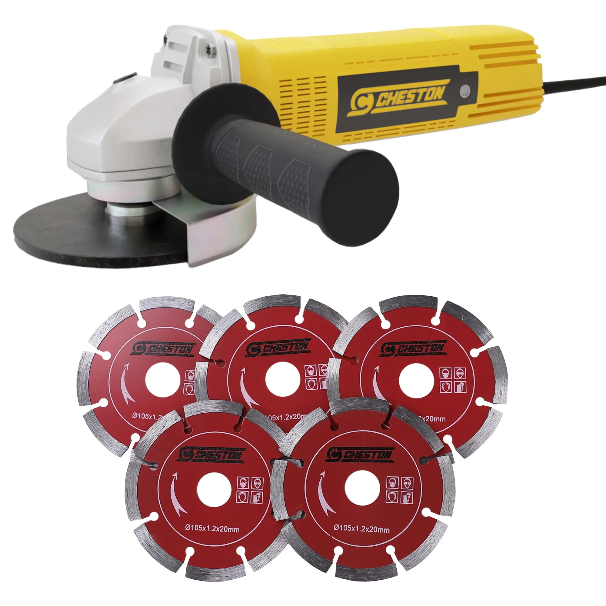 Cheston Angle Grinder for Grinding, Cutting, Polishing (4 inch/100mm), 850W Yellow Grinder Machine with Auxiliary Handle   5 Cutting Blade for Metal PVC