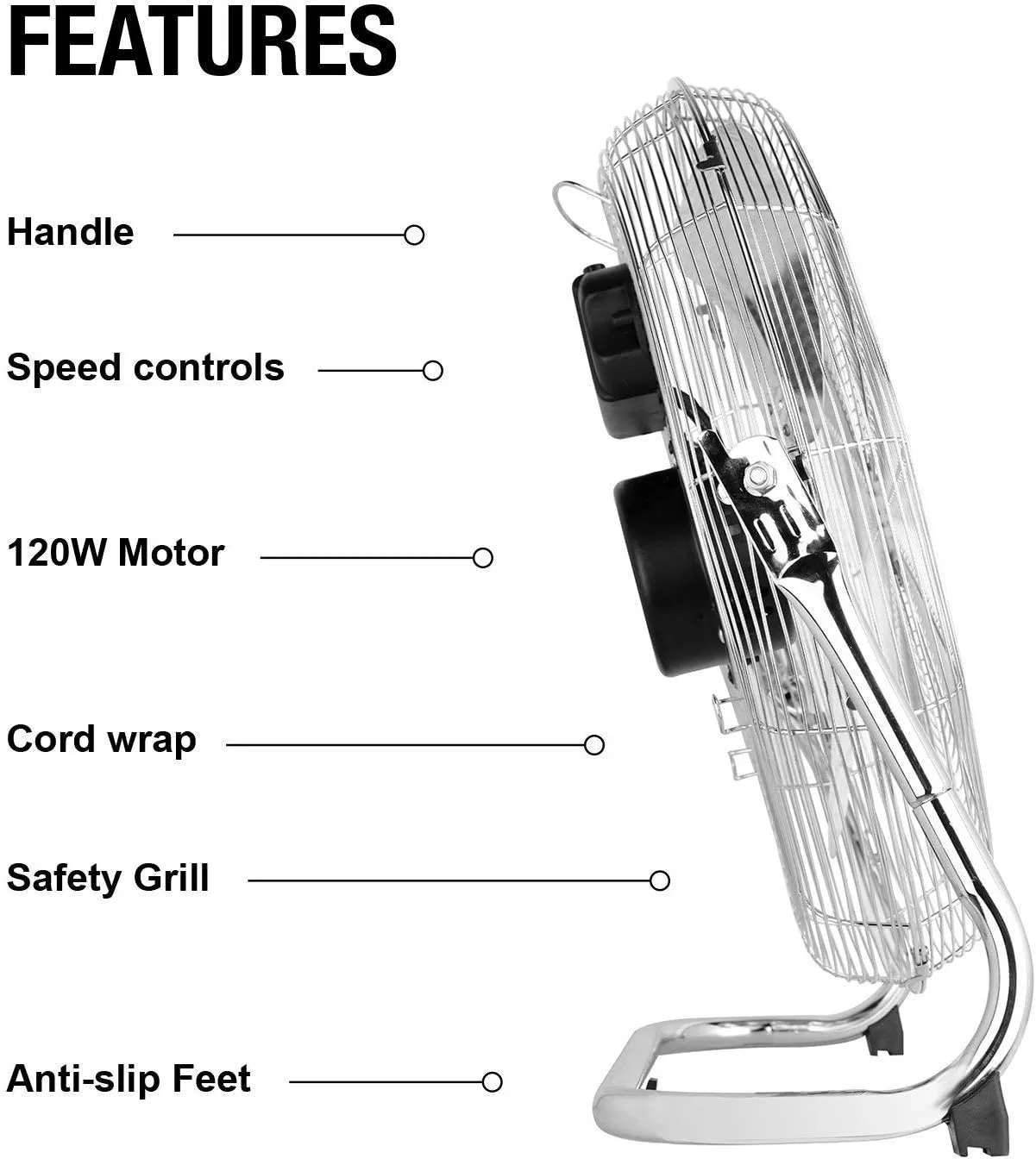 Chrome Metal High Speed Floor Fan - 12" - 20" - 3 Speed Settings