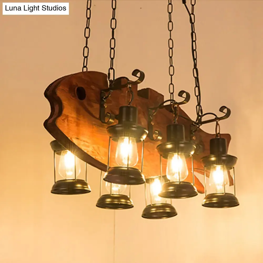 Coastal Black 6-Bulb Lantern Ceiling Lamp for Living Room with Rectangle/Fish Design