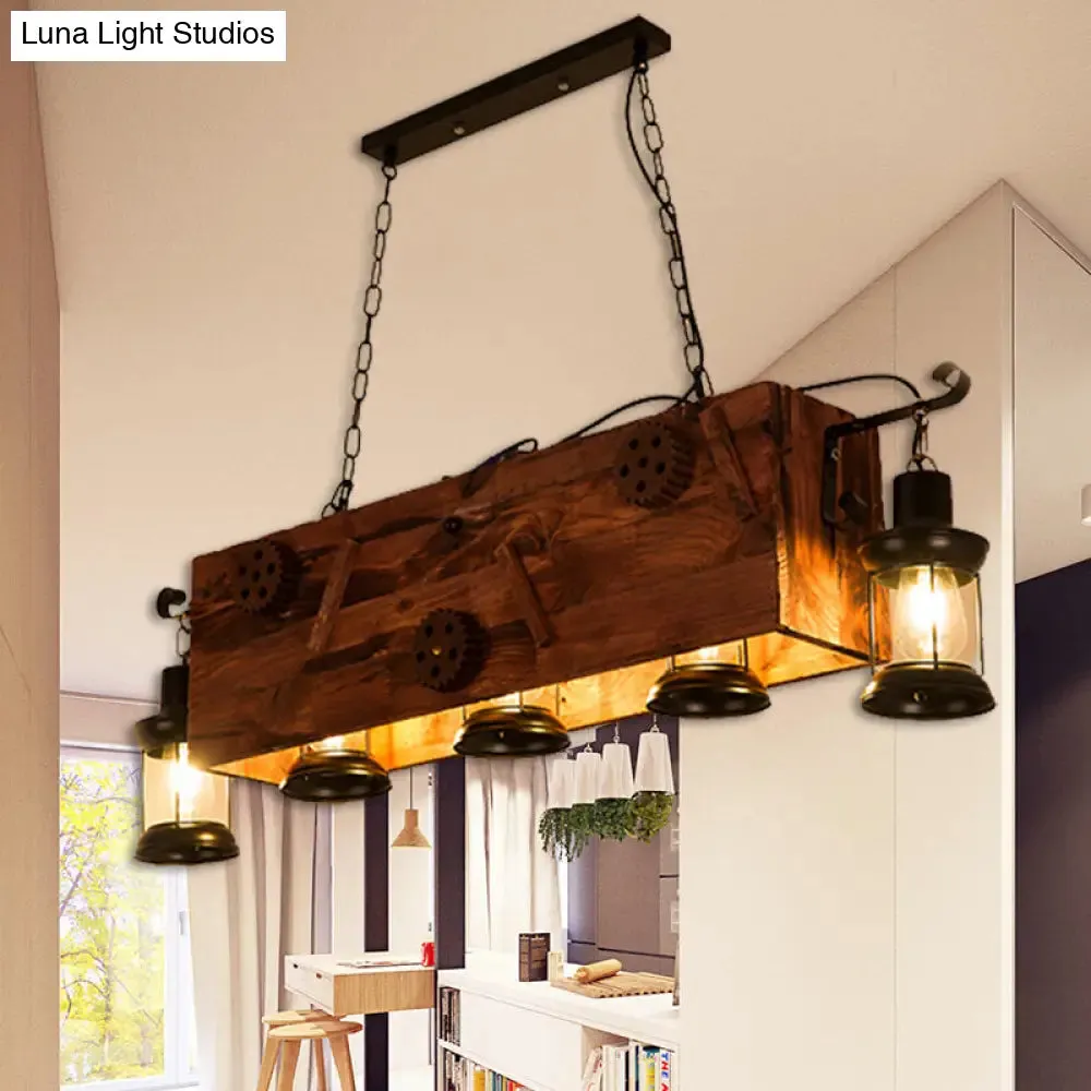 Coastal Black 6-Bulb Lantern Ceiling Lamp for Living Room with Rectangle/Fish Design