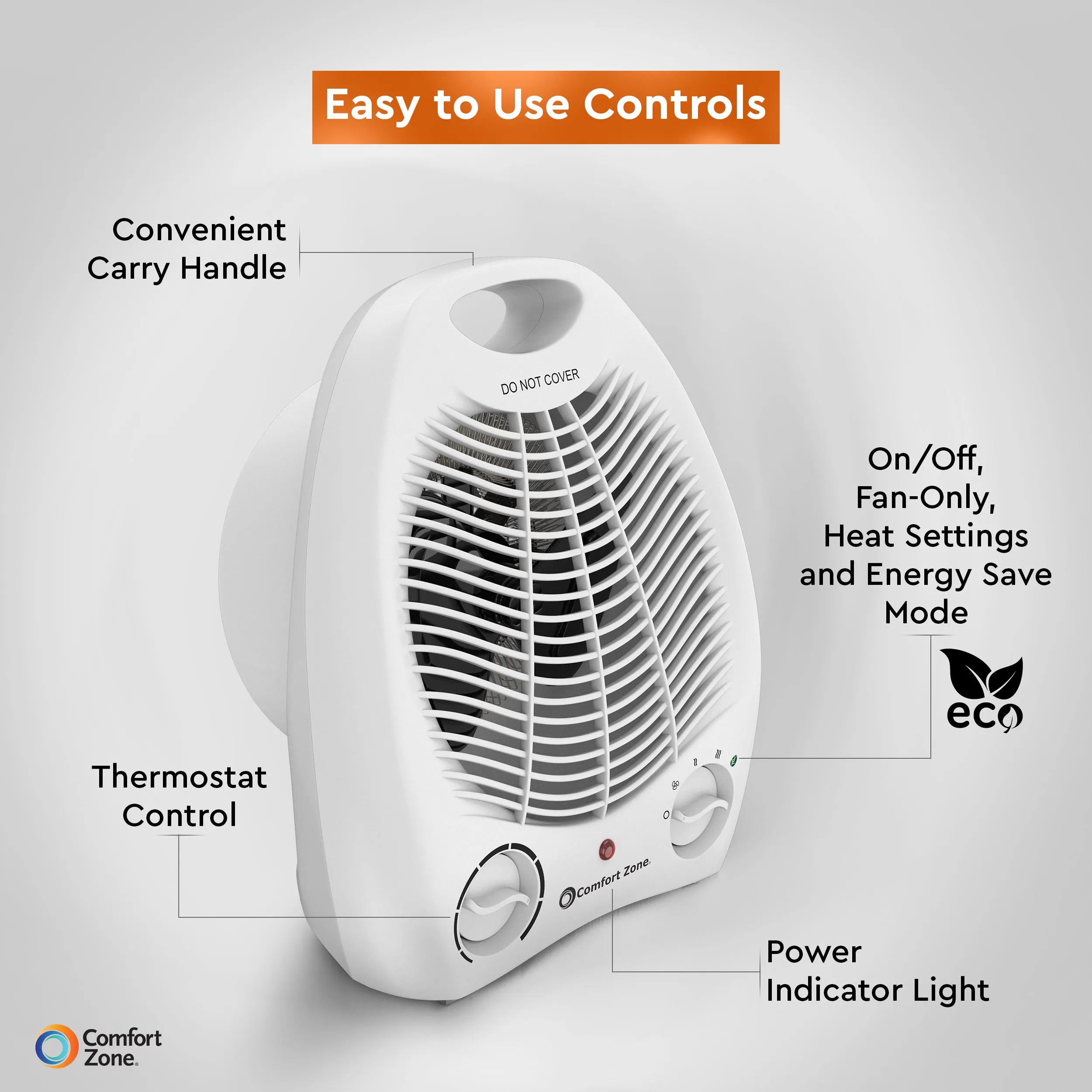 Comfort Zone Fan-Forced Energy-Save Electric Portable Heater with Thermostat in White & Black