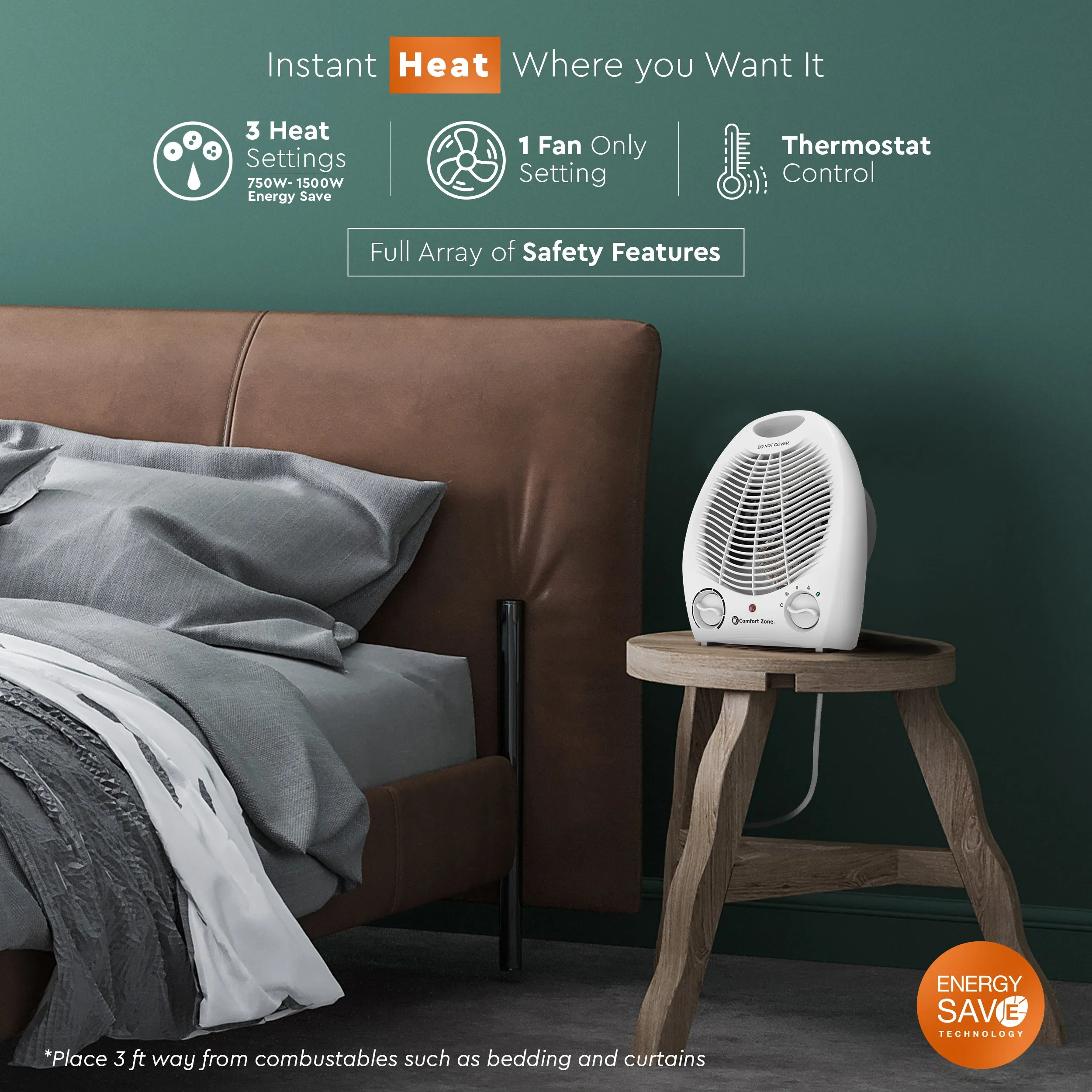 Comfort Zone Fan-Forced Energy-Save Electric Portable Heater with Thermostat in White & Black