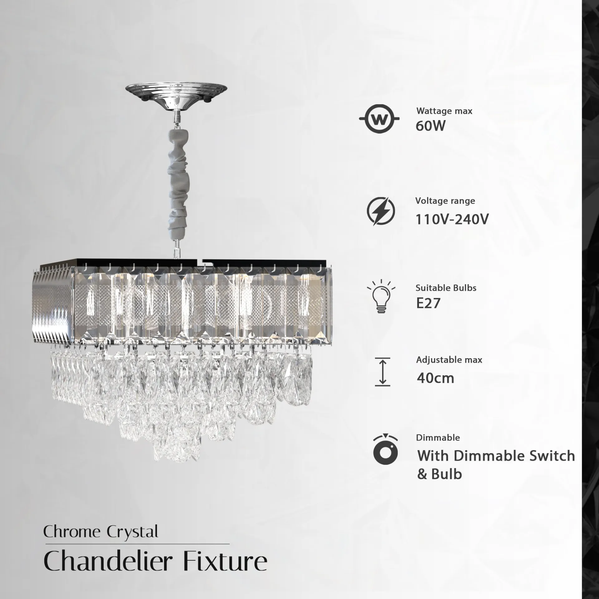 Crystal Chrome Rectangular Droplet Ceiling Living Room Chandelier  ~5426