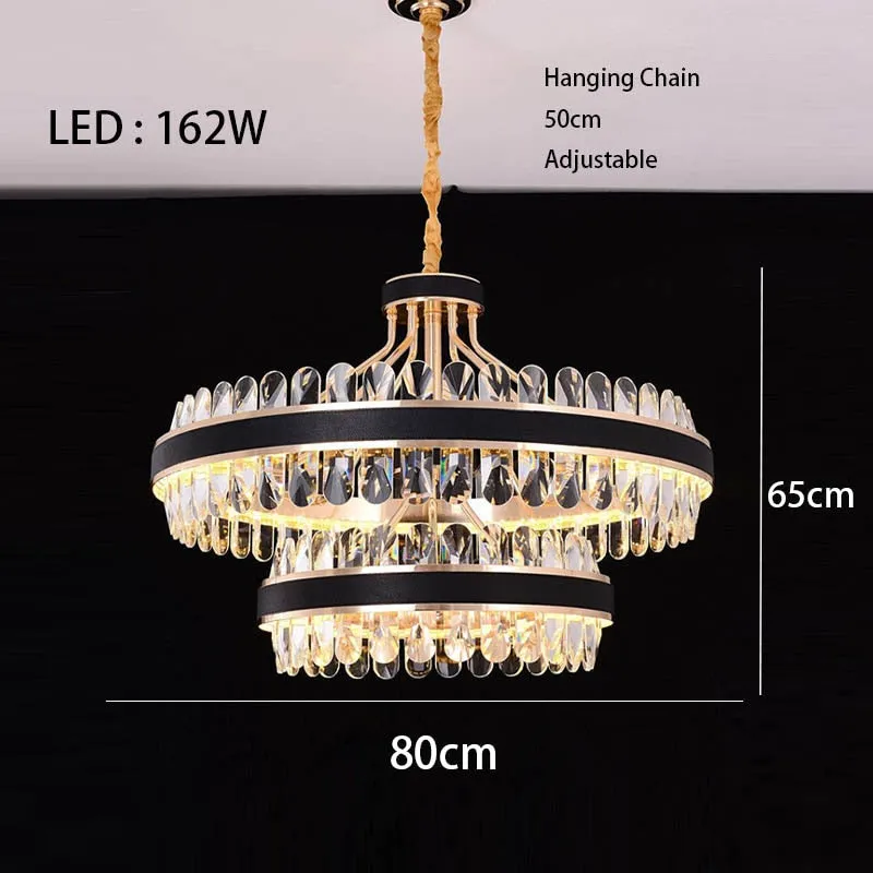 Crystal Dimmable LED Light Ceiling Chandeliers Black Leather Luxury Lustres Round Hanging Lamps Home Decor for Living Room