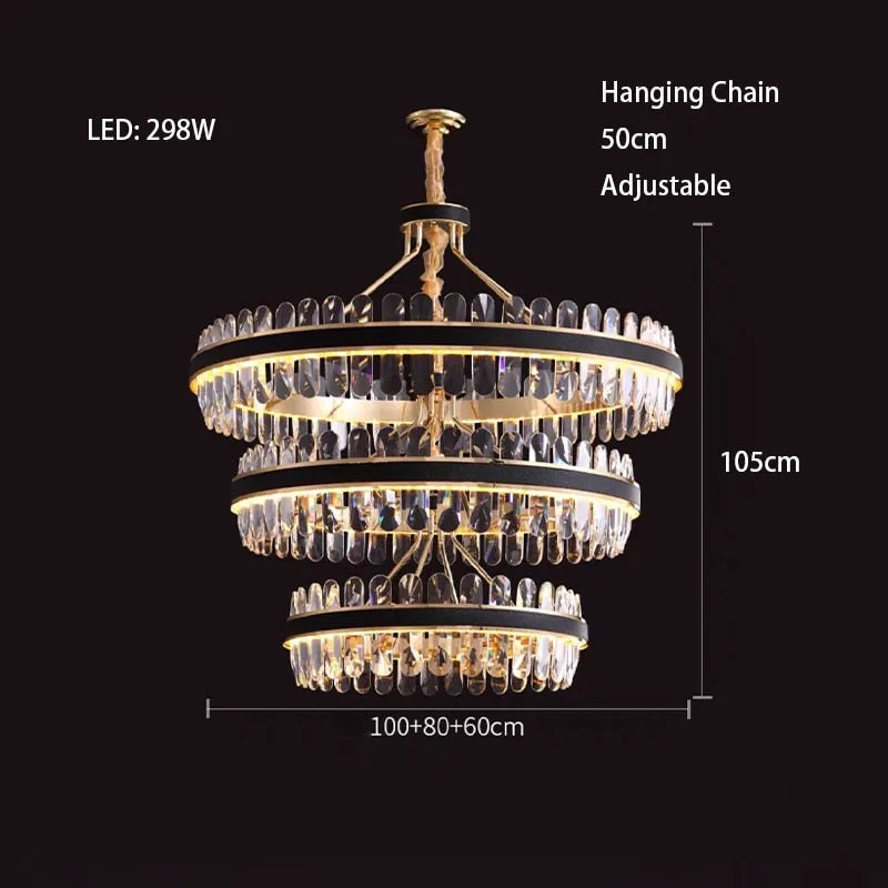 Crystal Dimmable LED Light Ceiling Chandeliers Black Leather Luxury Lustres Round Hanging Lamps Home Decor for Living Room