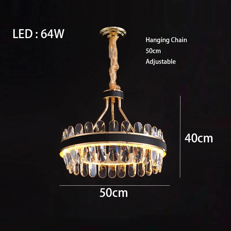 Crystal Dimmable LED Light Ceiling Chandeliers Black Leather Luxury Lustres Round Hanging Lamps Home Decor for Living Room