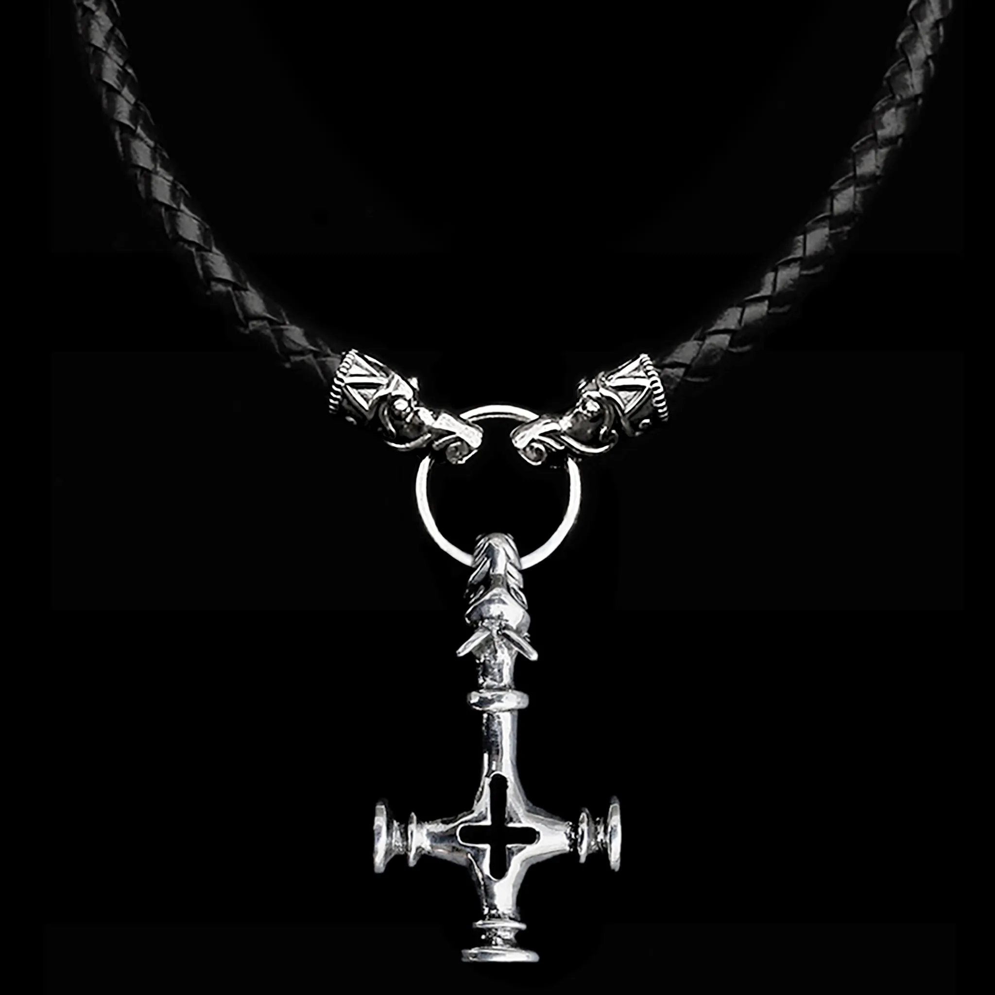 Customisable 8mm Thick Braided Leather Thors Hammer Necklace with Silver Gotland Dragon Heads