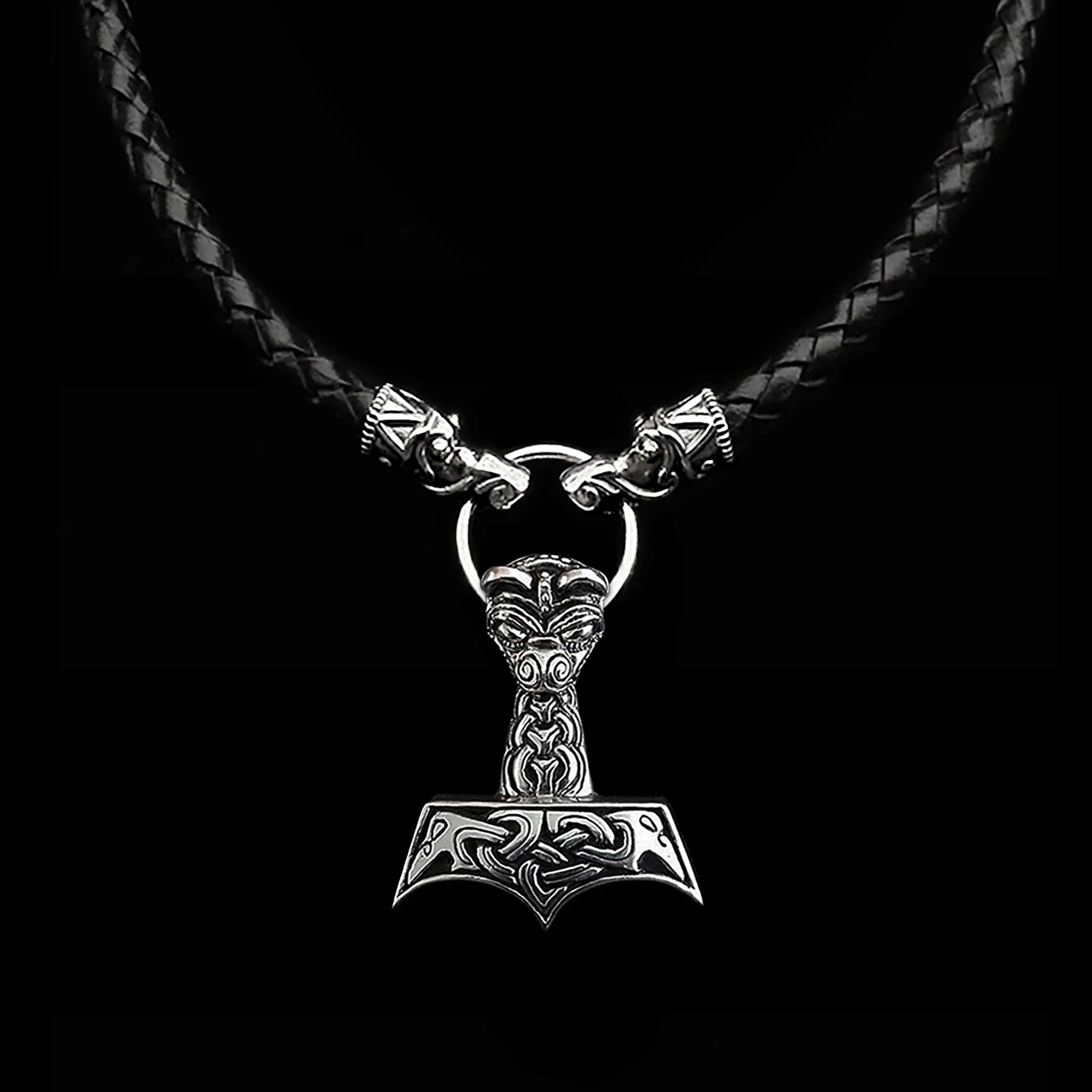 Customisable 8mm Thick Braided Leather Thors Hammer Necklace with Silver Gotland Dragon Heads