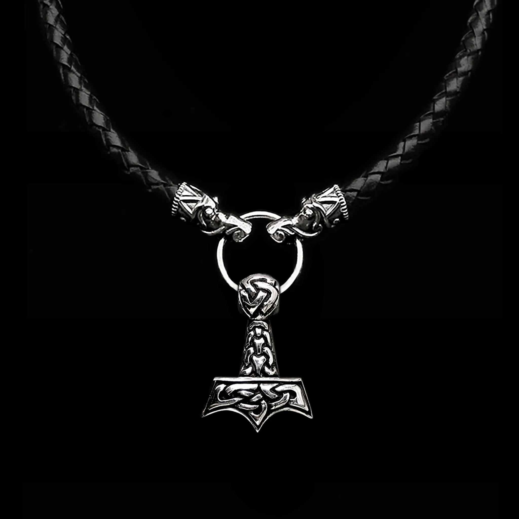 Customisable 8mm Thick Braided Leather Thors Hammer Necklace with Silver Gotland Dragon Heads