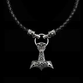 Customisable 8mm Thick Braided Leather Thors Hammer Necklace with Silver Gotland Dragon Heads