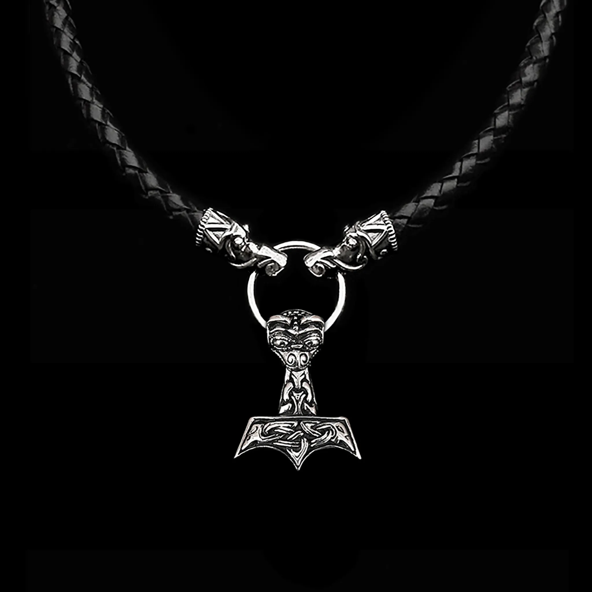 Customisable 8mm Thick Braided Leather Thors Hammer Necklace with Silver Gotland Dragon Heads