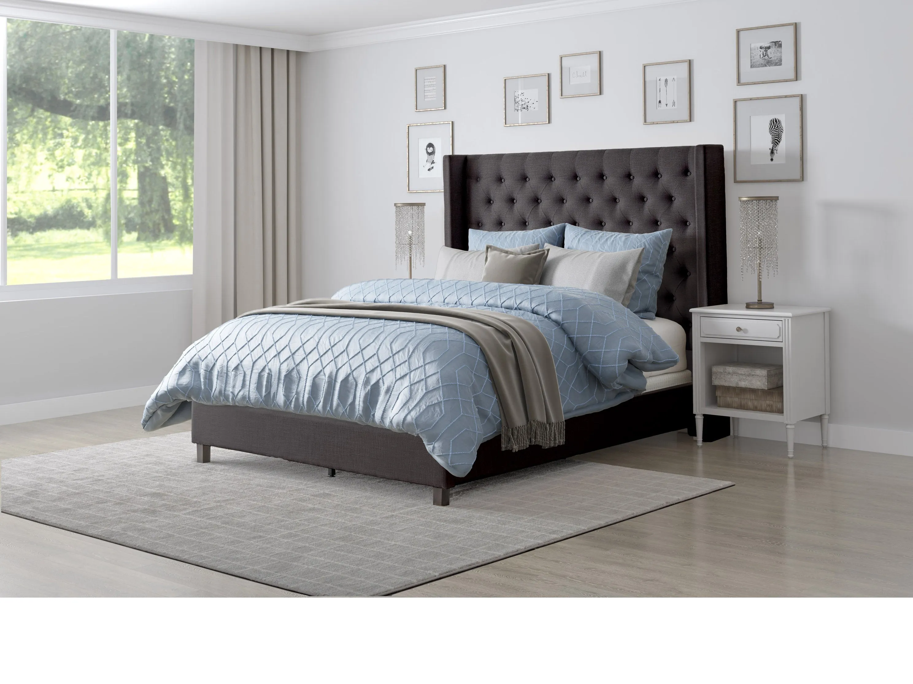 Dark Grey Tufted Queen Bed with Slats