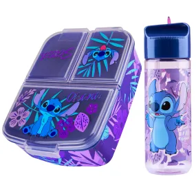 Disney Stitch Kids Lunchbox with Compartments and Water Bottle for School (Blue/Purple)