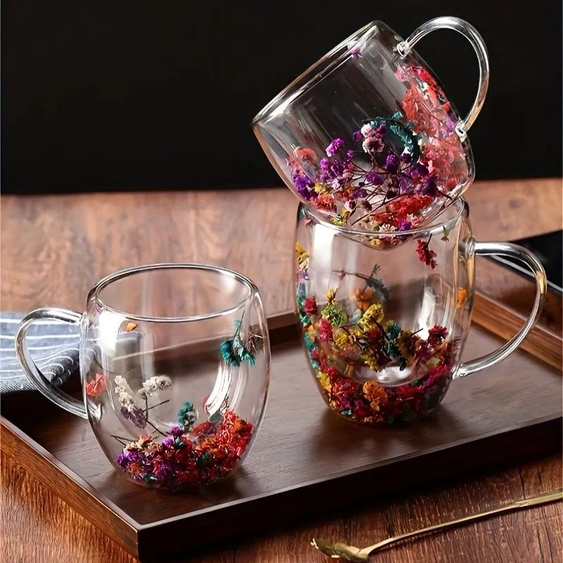 Dried Flower Glass Coffee Cup Double Walled Espresso 250ml350ml