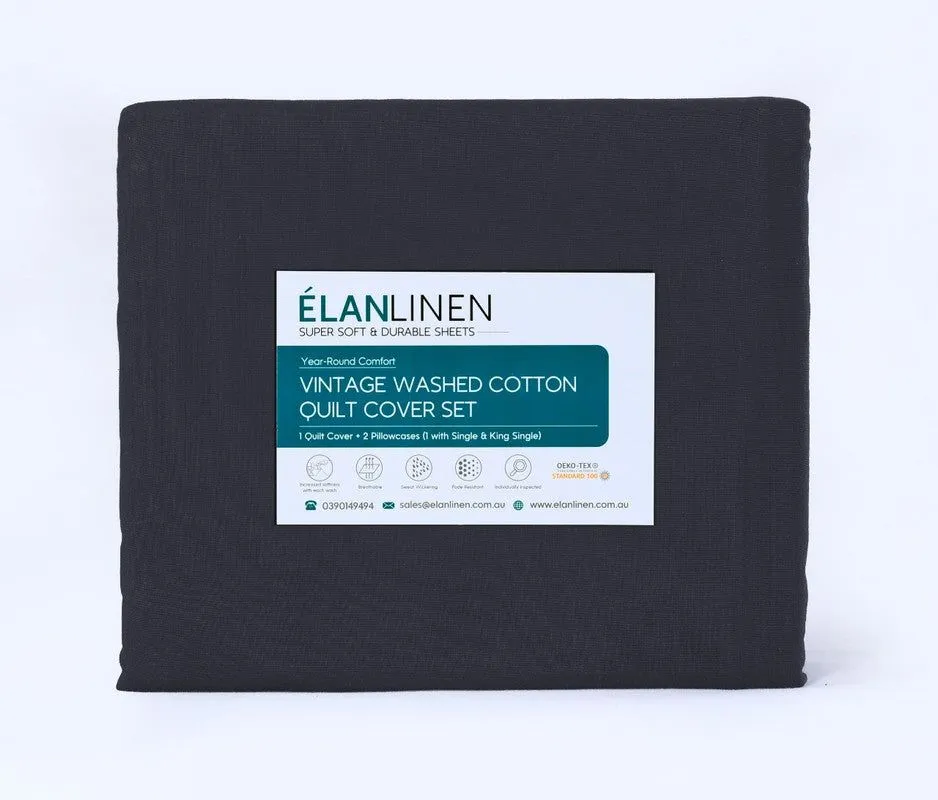 Elan Linen 100% Egyptian Cotton Vintage Washed 500TC Charcoal 50 cm Deep Mega King Bed Sheets Set