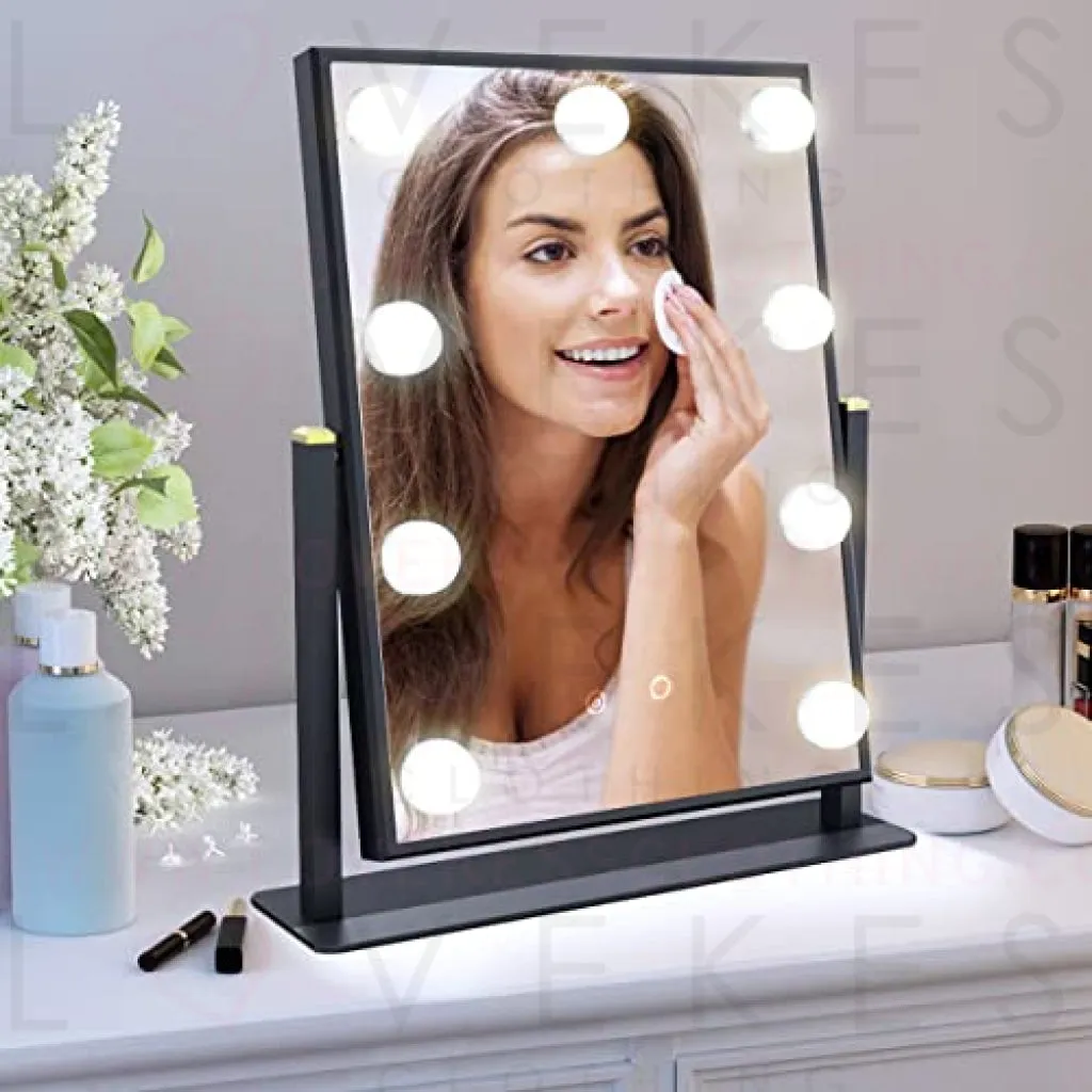 FENCHILIN Hollywood Mirror with Light Large Lighted Makeup Mirror Vanity Makeup Mirror Smart Touch Control 3Colors Dimable Light Detachable 10X Magnification 360°Rotation(Black)