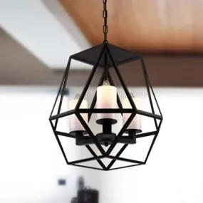 Geometric Opal Glass Dining Room Pendant Chandelier | Industrial Black Hanging Fixture with Cage | 3/4 Light