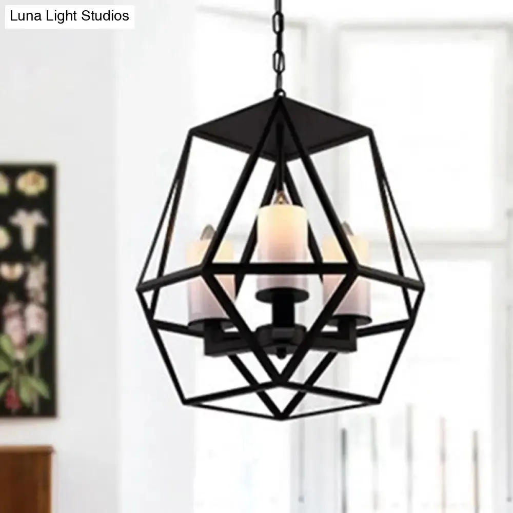 Geometric Opal Glass Dining Room Pendant Chandelier | Industrial Black Hanging Fixture with Cage | 3/4 Light