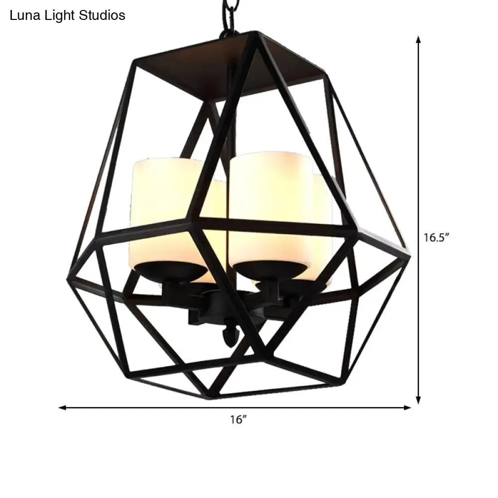 Geometric Opal Glass Dining Room Pendant Chandelier | Industrial Black Hanging Fixture with Cage | 3/4 Light