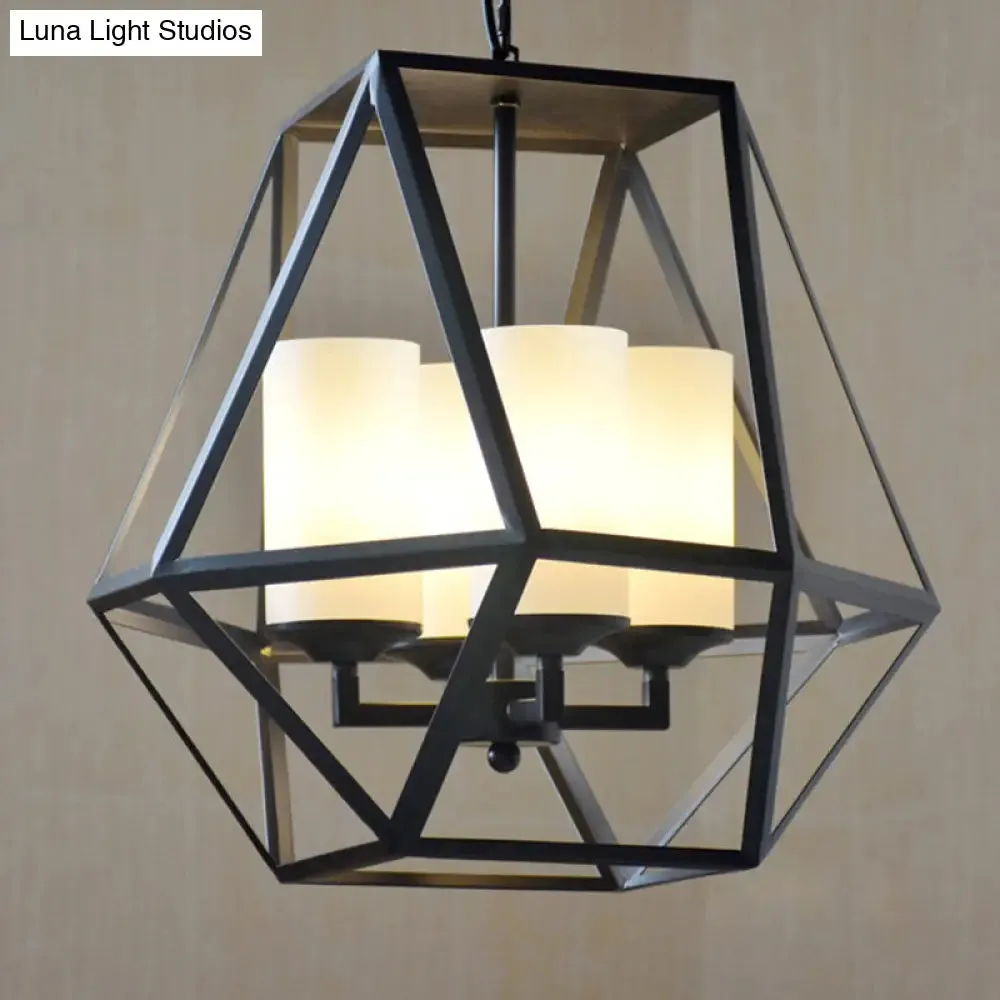 Geometric Opal Glass Dining Room Pendant Chandelier | Industrial Black Hanging Fixture with Cage | 3/4 Light