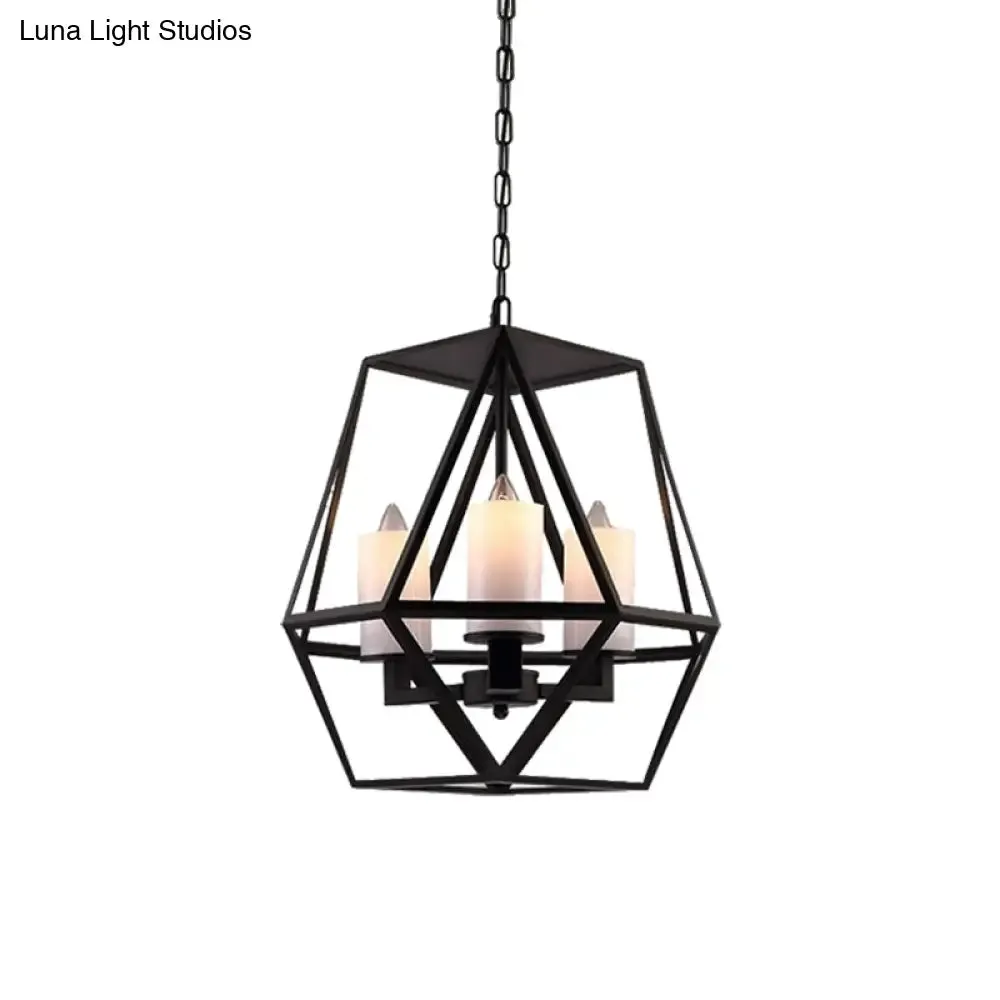 Geometric Opal Glass Dining Room Pendant Chandelier | Industrial Black Hanging Fixture with Cage | 3/4 Light