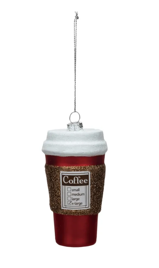 Glass "Coffee" To Go Cup Ornament w/ Glitter