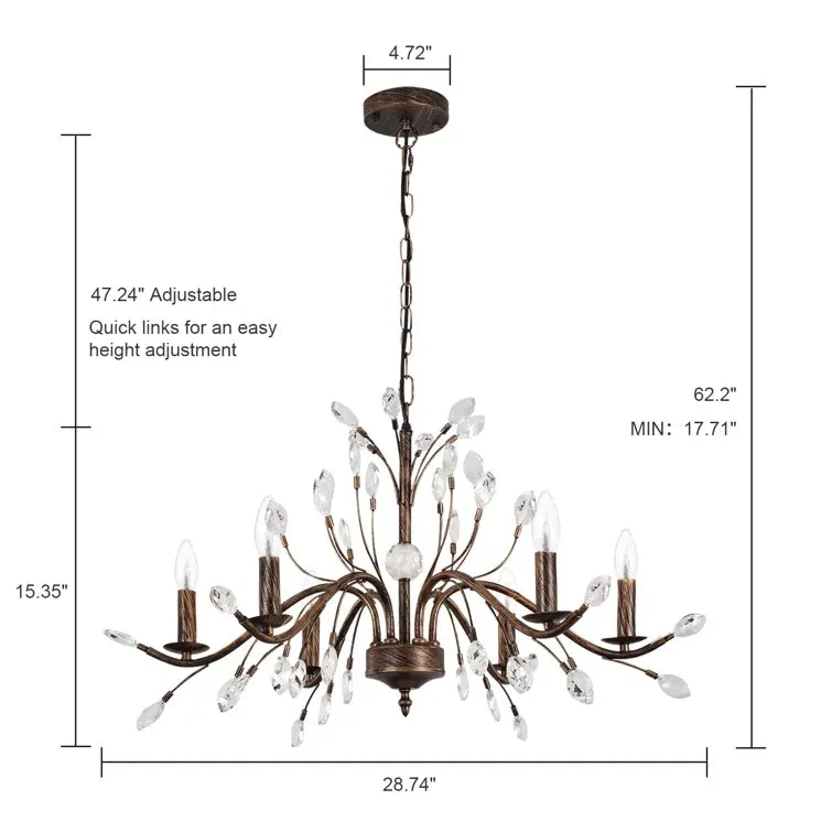 Glowlings 6/9-Light French Vintage Bronze Branch Candle Style Chandelier with Crystal Accents